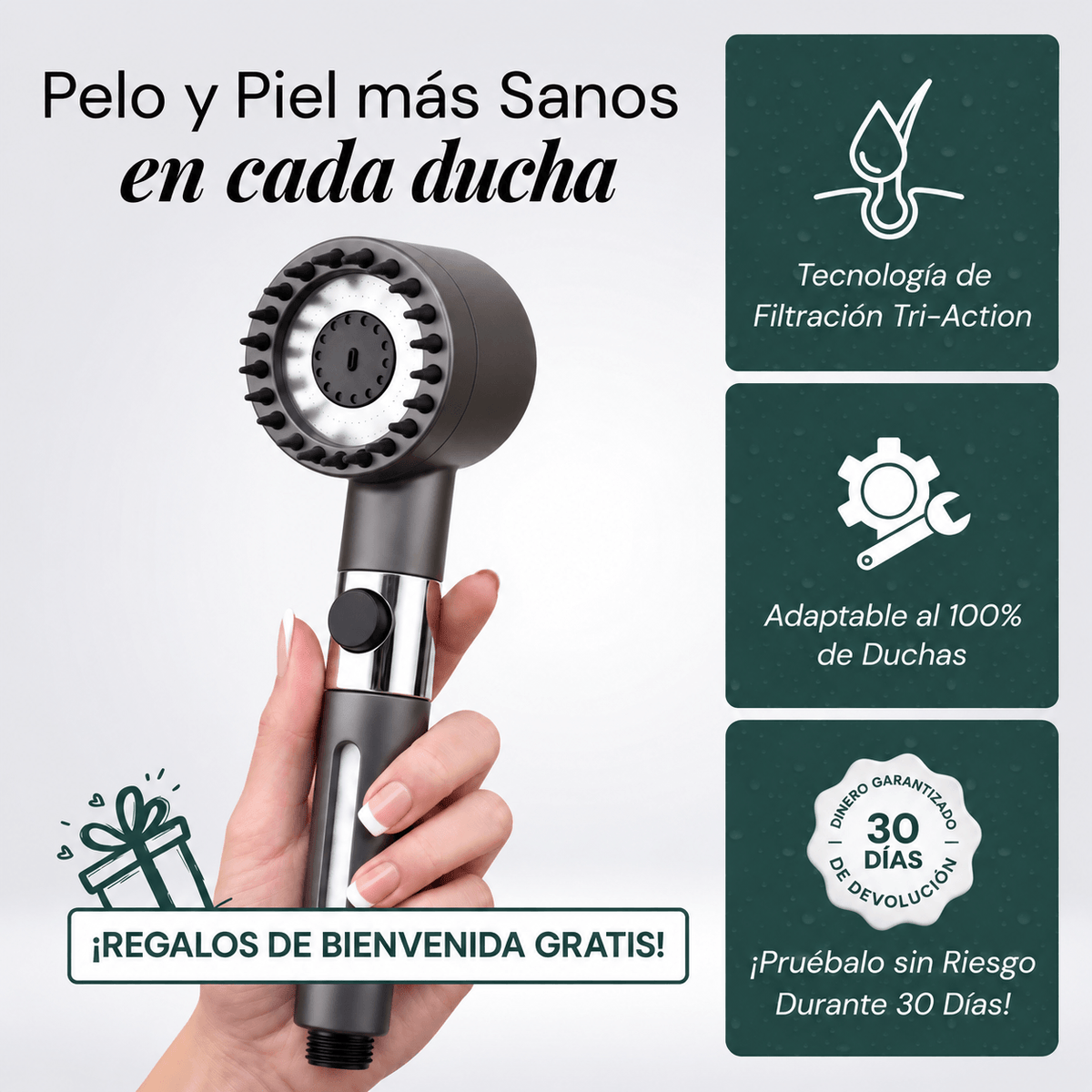 Cabezal de Ducha con Filtración Tri-Action  Elimina cal, cloro y metales pesados del agua - Aqua Eden Labs®