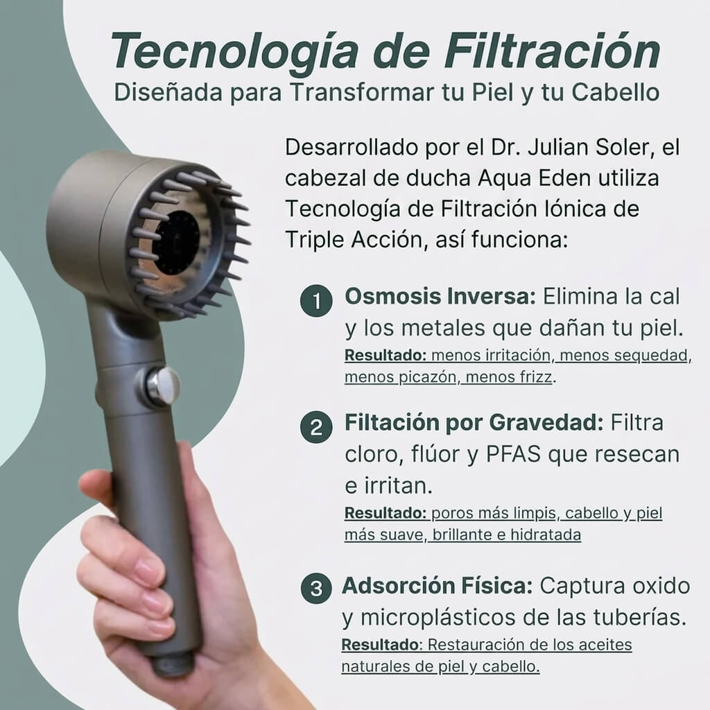 Cabezal de Ducha con Filtración Tri-Action  Elimina cal, cloro y metales pesados del agua - Aqua Eden Labs®