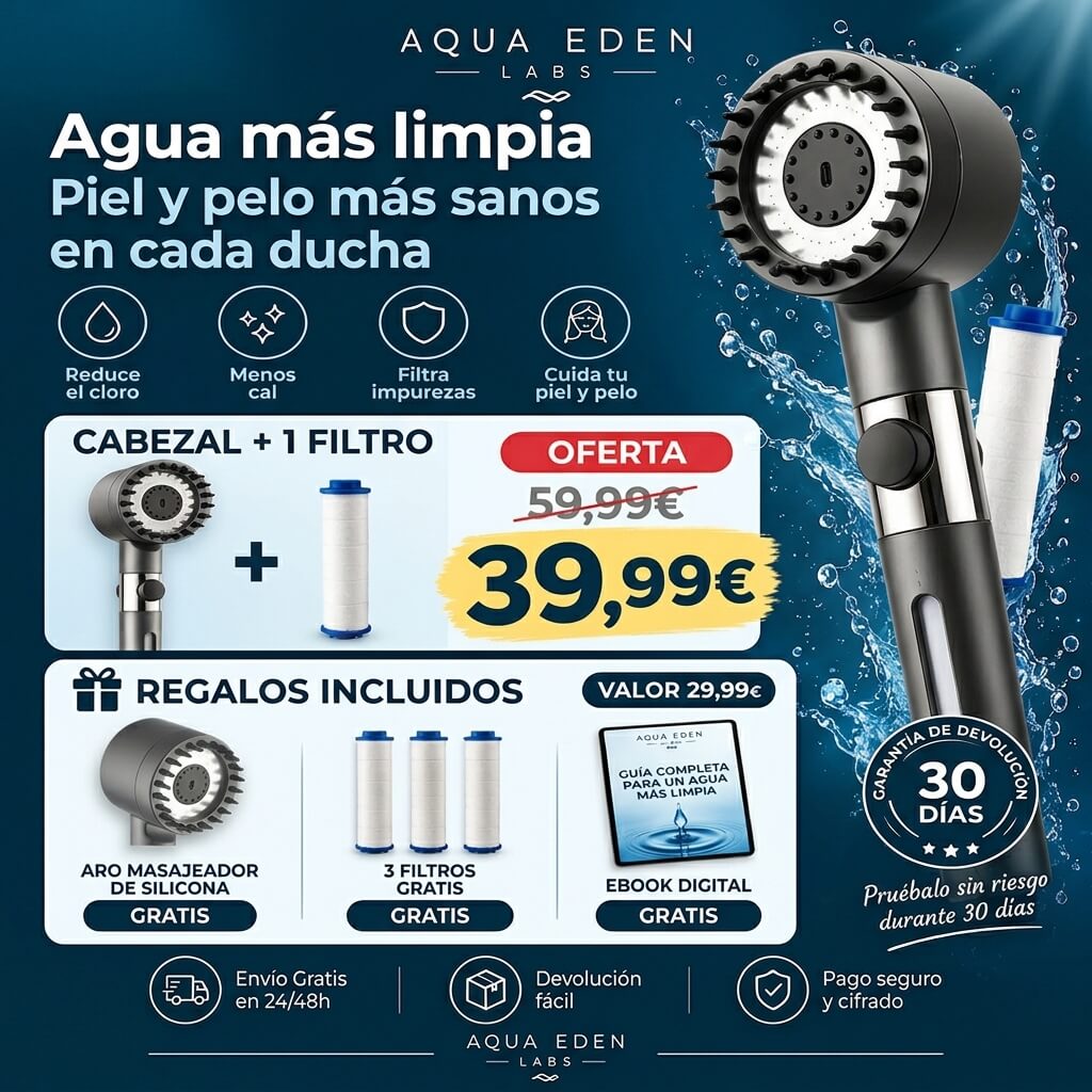 Cabezal de Ducha con Filtración Tri-Action  Elimina cal, cloro y metales pesados del agua - Aqua Eden Labs®