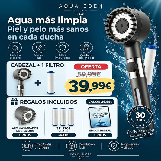 Cabezal de Ducha con Filtración Tri-Action  Elimina cal, cloro y metales pesados del agua - Aqua Eden Labs®